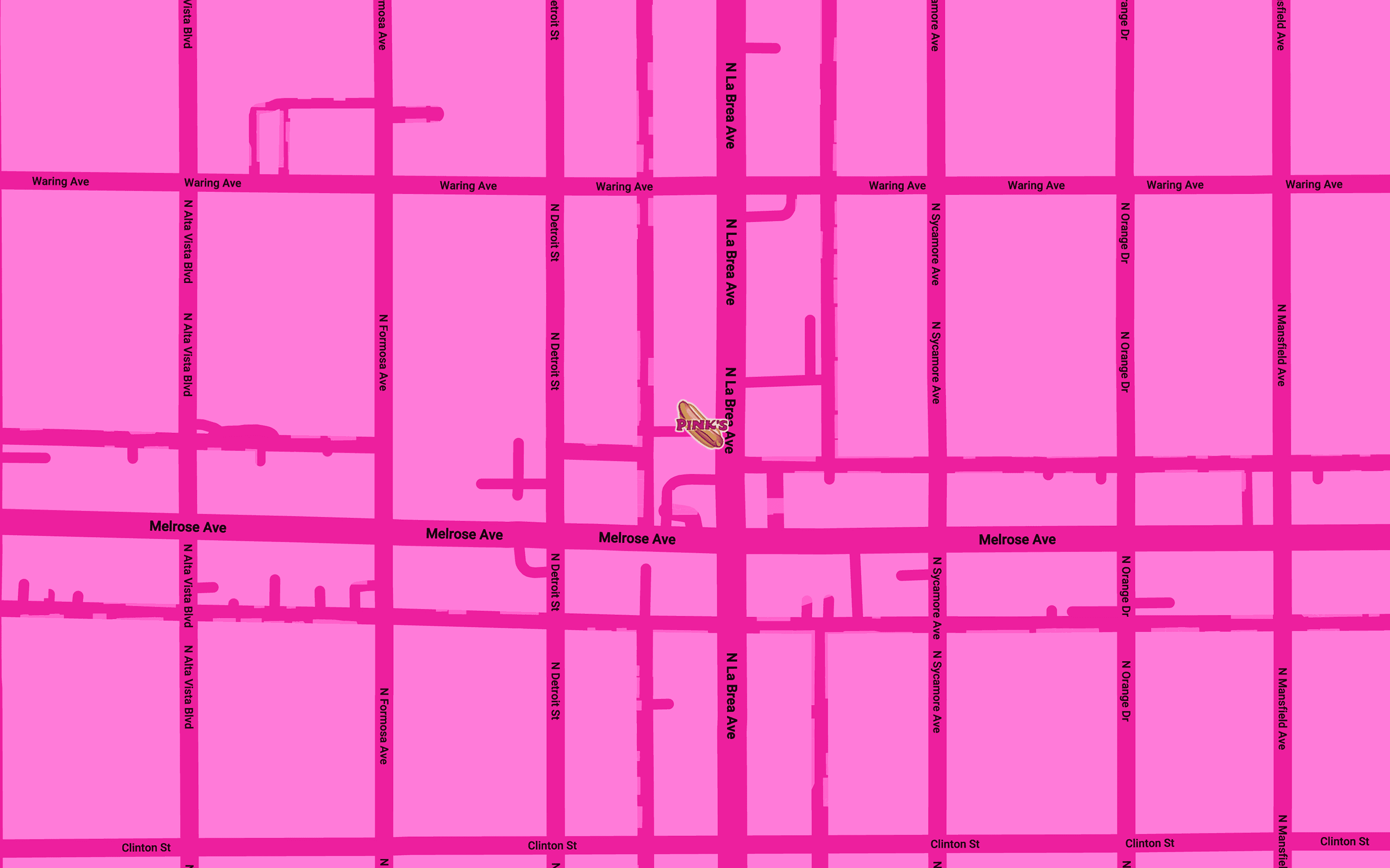 Map showing pink's location near the corner of North La Brea Avenue and Melrose Avenue in Los Angles, California.