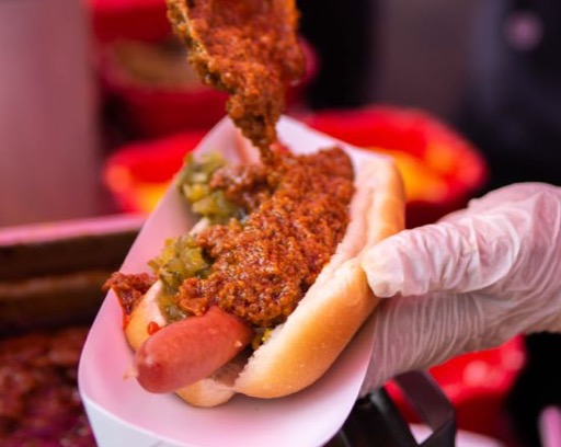 Pink's hot dog with chili