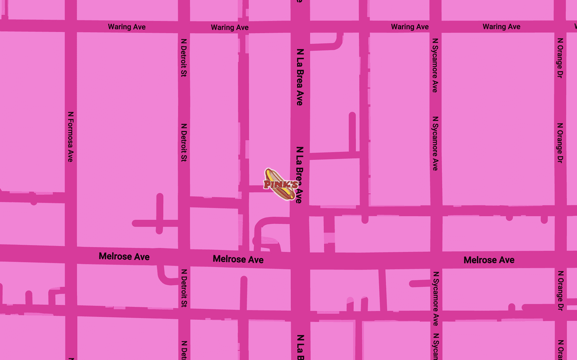 Map showing pink's location near the corner of North La Brea Avenue and Melrose Avenue in Los Angles, California.