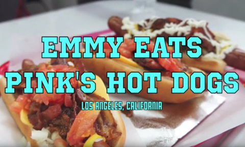Video still showing Emmy's title: Emmy Eats Pink's Hot Dogs