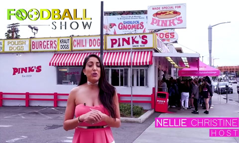 FoodBall Show host Nellie Christine in front of Pink's Hot Dogs