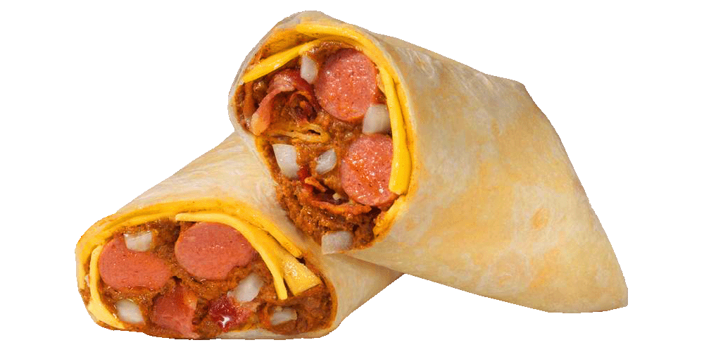 Bacond burrito dog sliced in half to show cheese, chili and onions