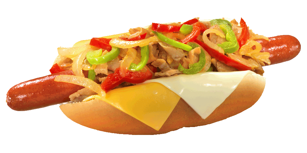 Cheesesteak hot dog with onions and peppers