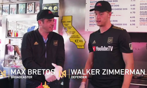 Walker Zimmerman and Max Bretos making the LAFC dog at Pink's Hot Dogs