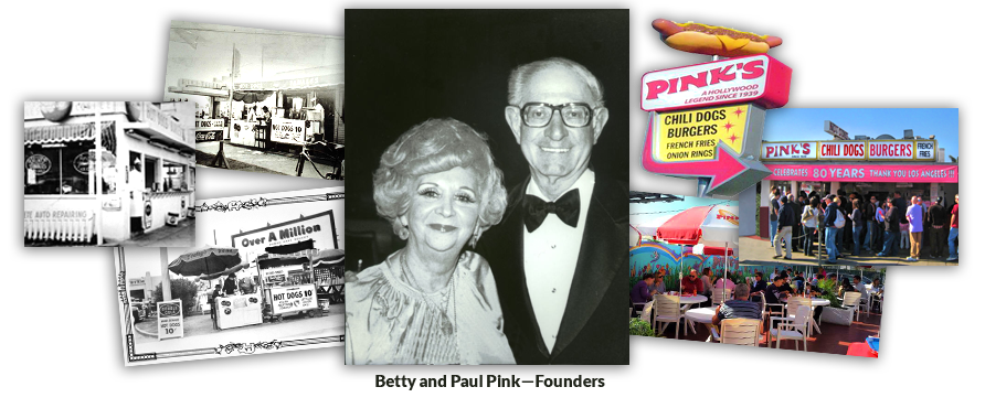 Historical and modern day photo collage of Pink's Hot Dogs and it's founders, Betty and Paul Pink