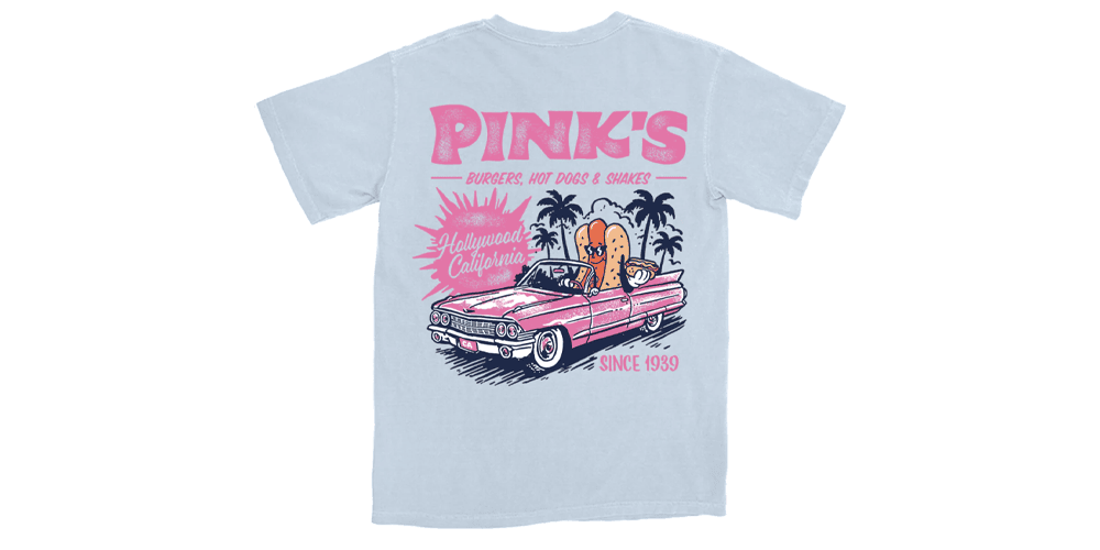 Pink Cadillac with a huge hot dog driving to Pink's Hollywood.