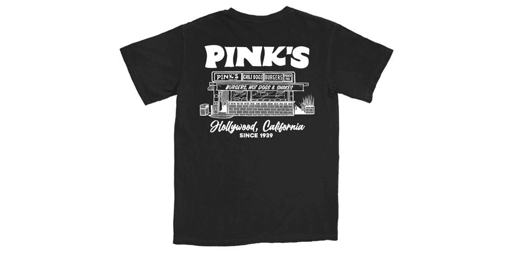 New black t-shirt with Pink's storefront illustrated.