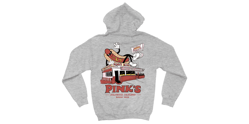 New hoodie with cartoon hotdog waving hello from the rooftop of Pink's store.